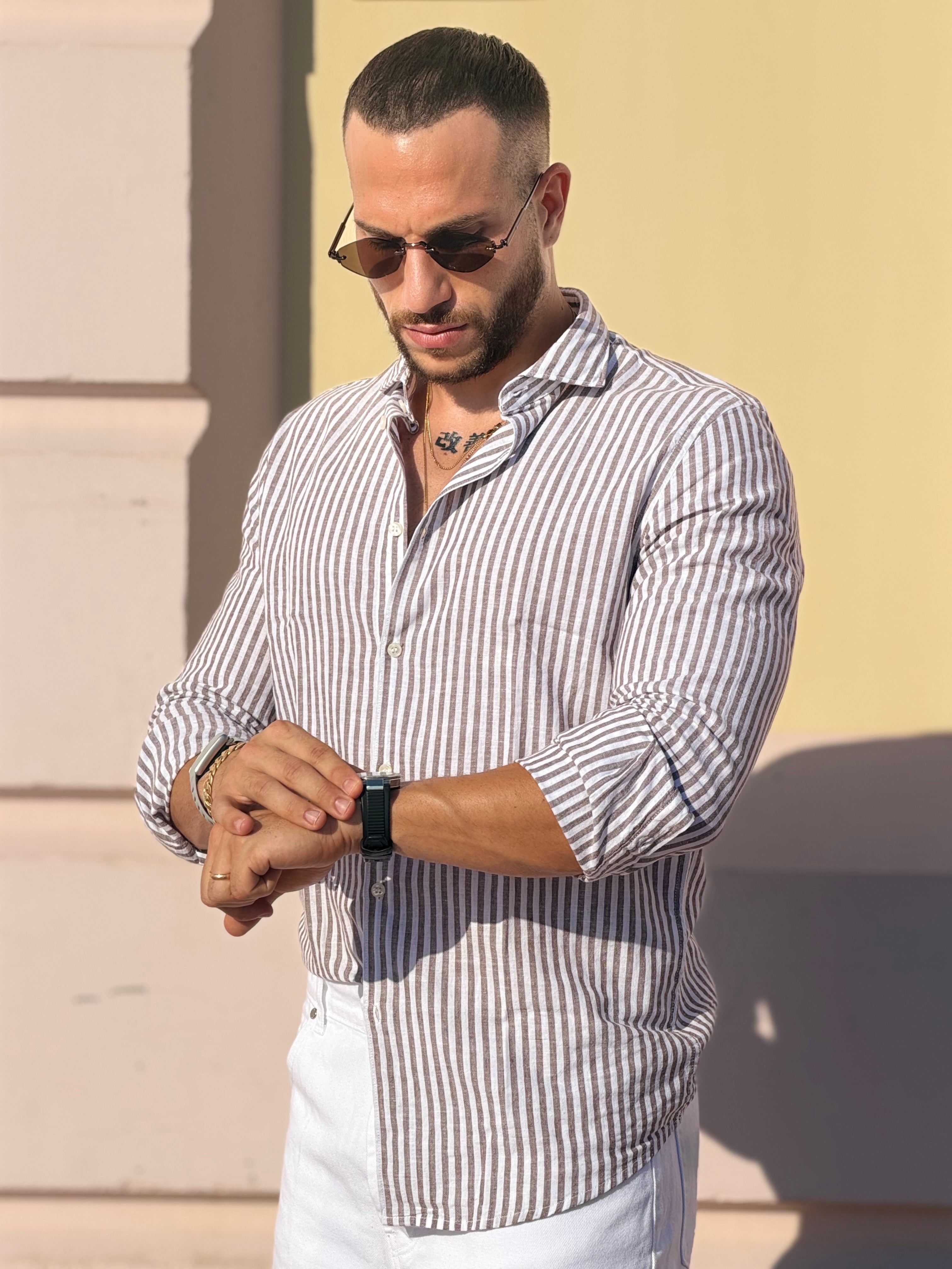 Camicia Con Colletto Lino Rigata
