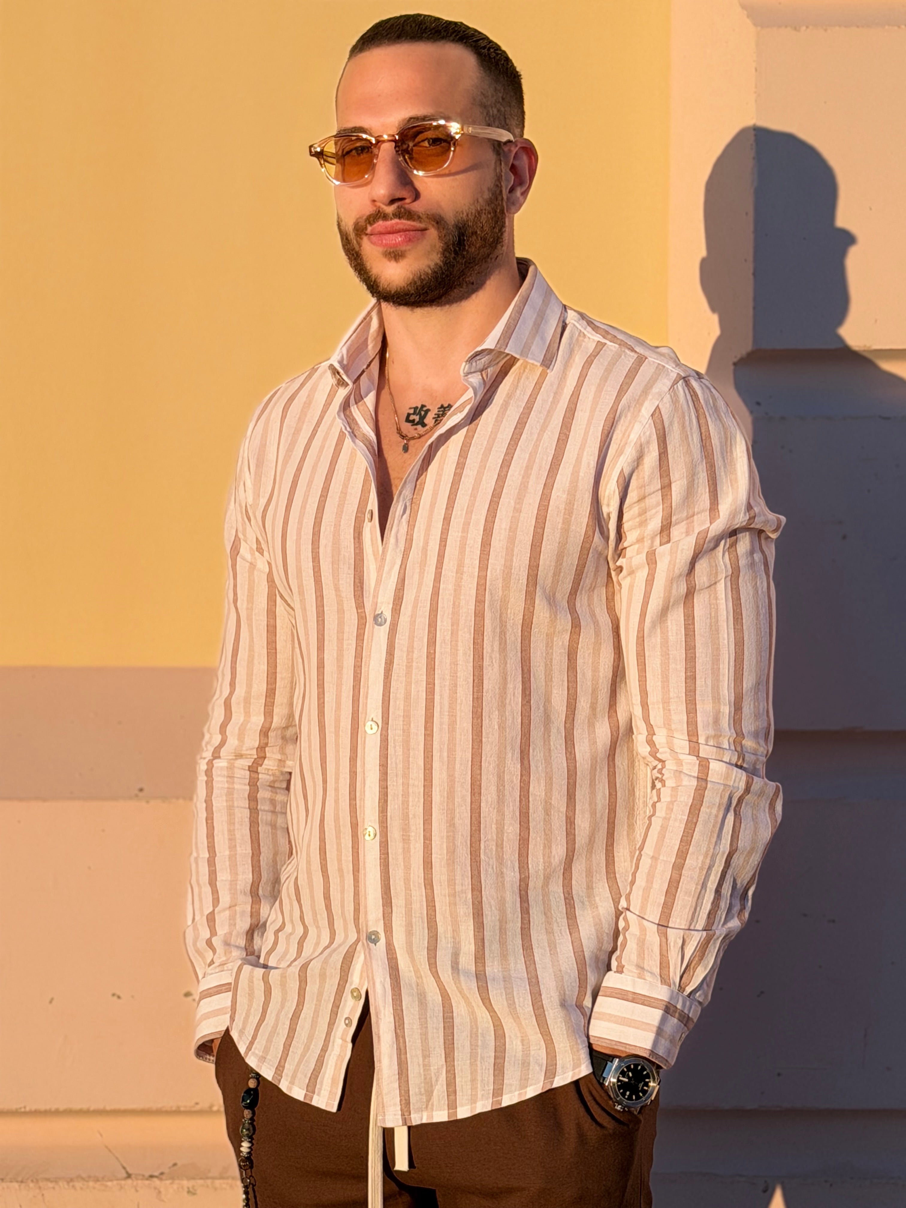 Camicia Con Colletto Lino Rigata