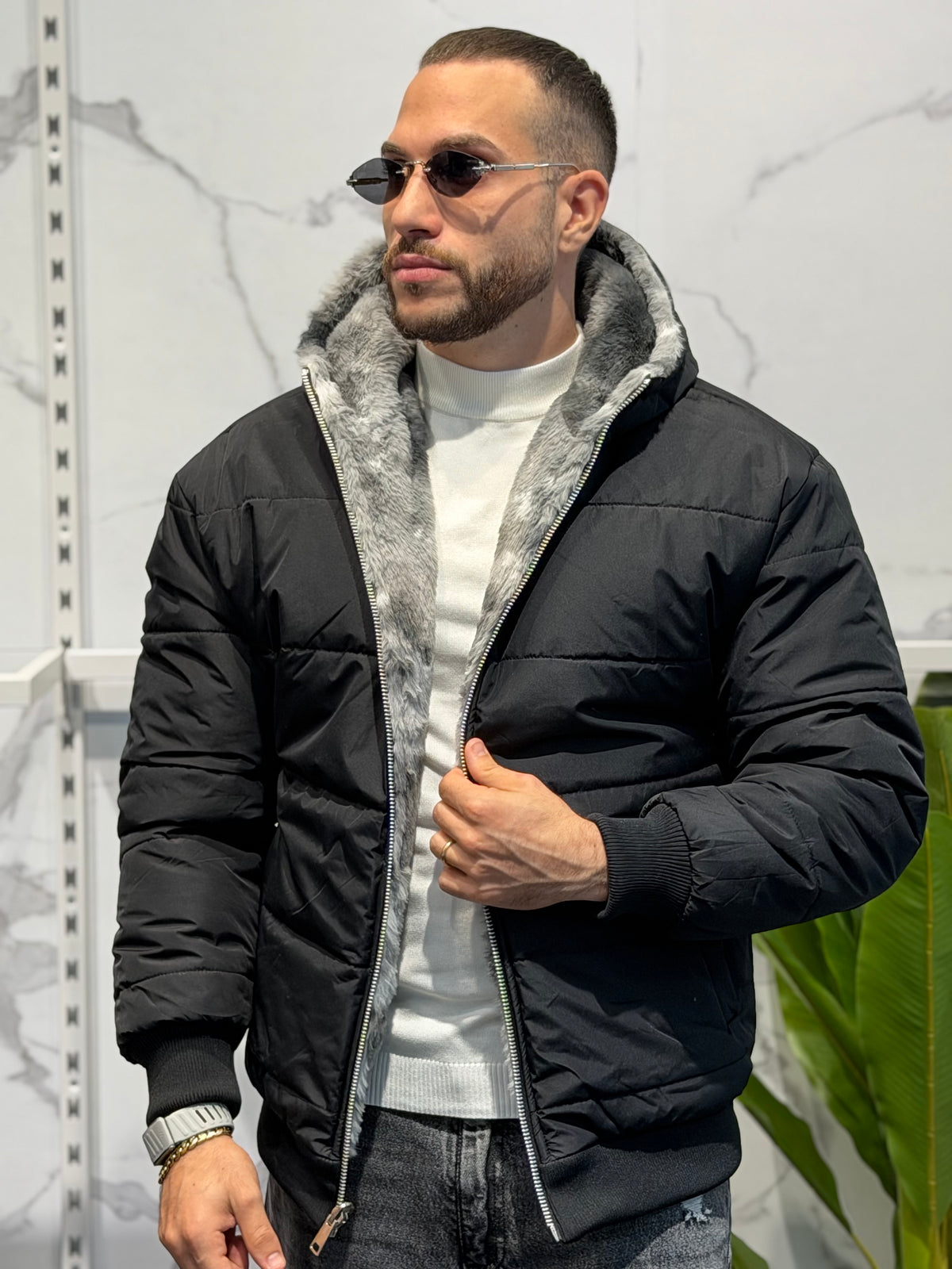 Pelliccia Reversibile Con Cappuccio
