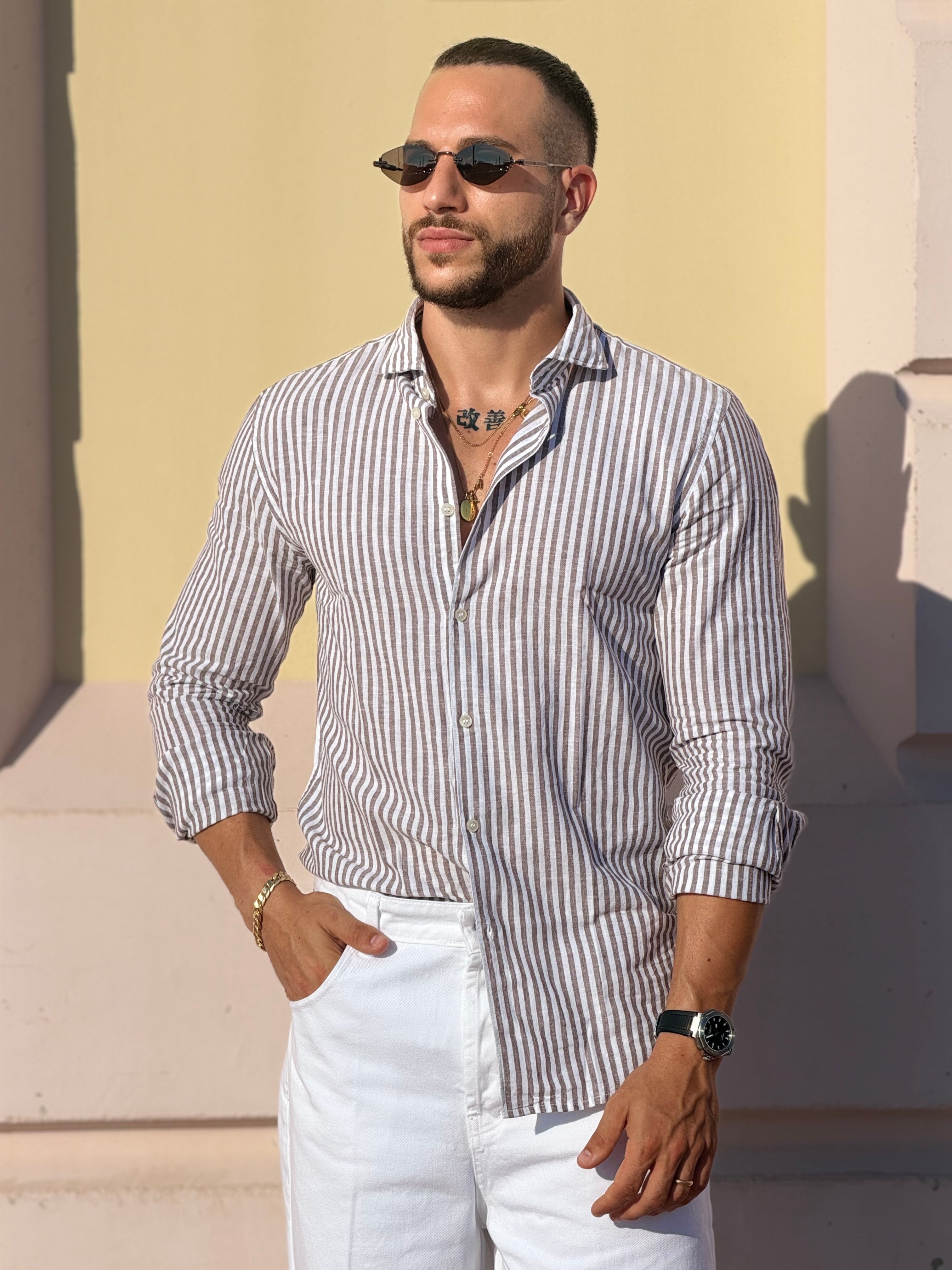 Camicia Con Colletto Lino Rigata