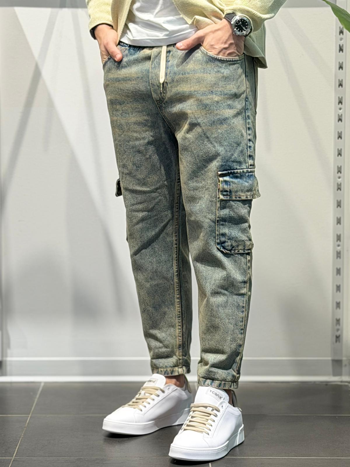 Jeans Cargo Sabbiato con Elastico in vita