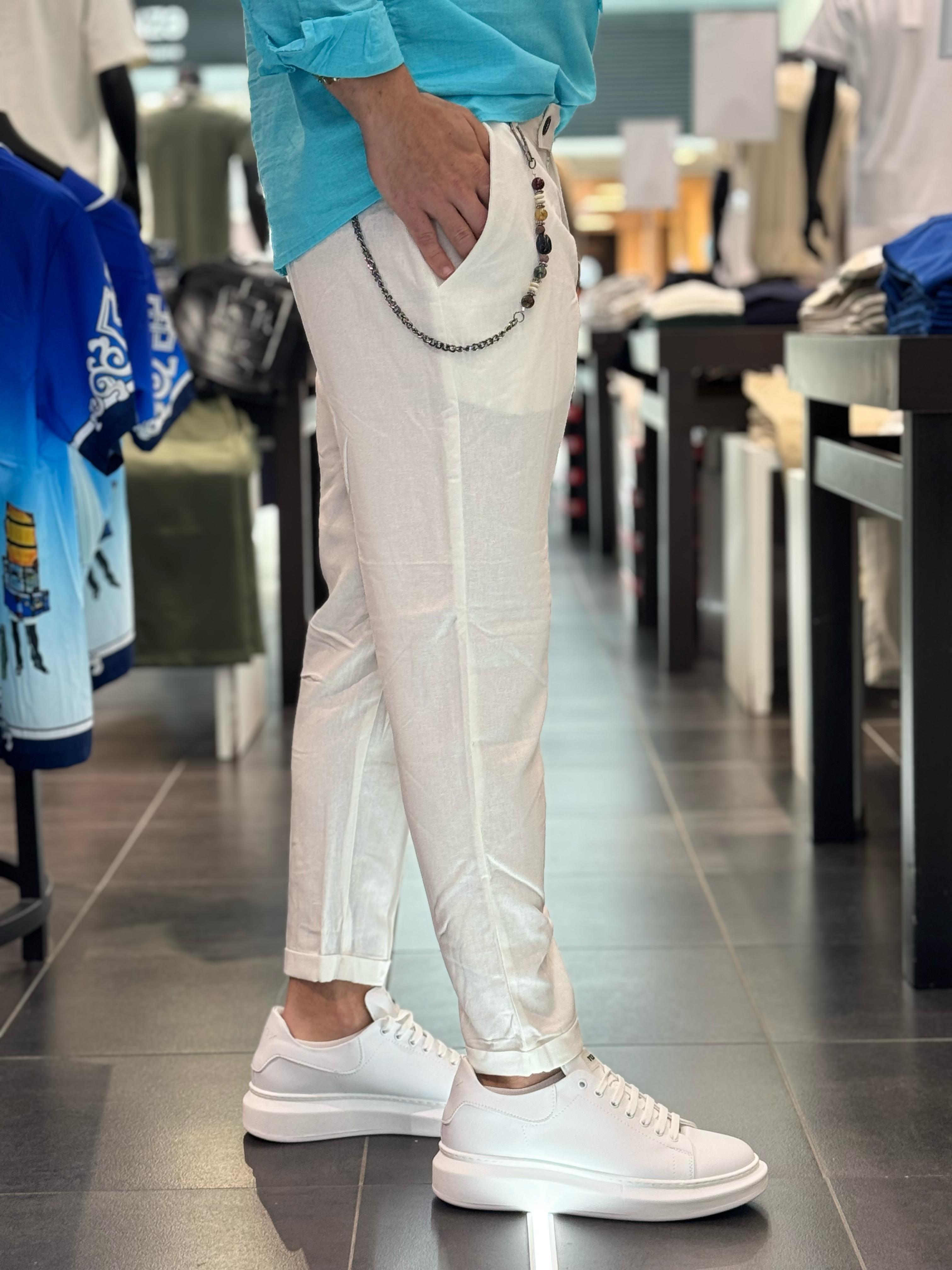 Pantalone con Bottone in Lino