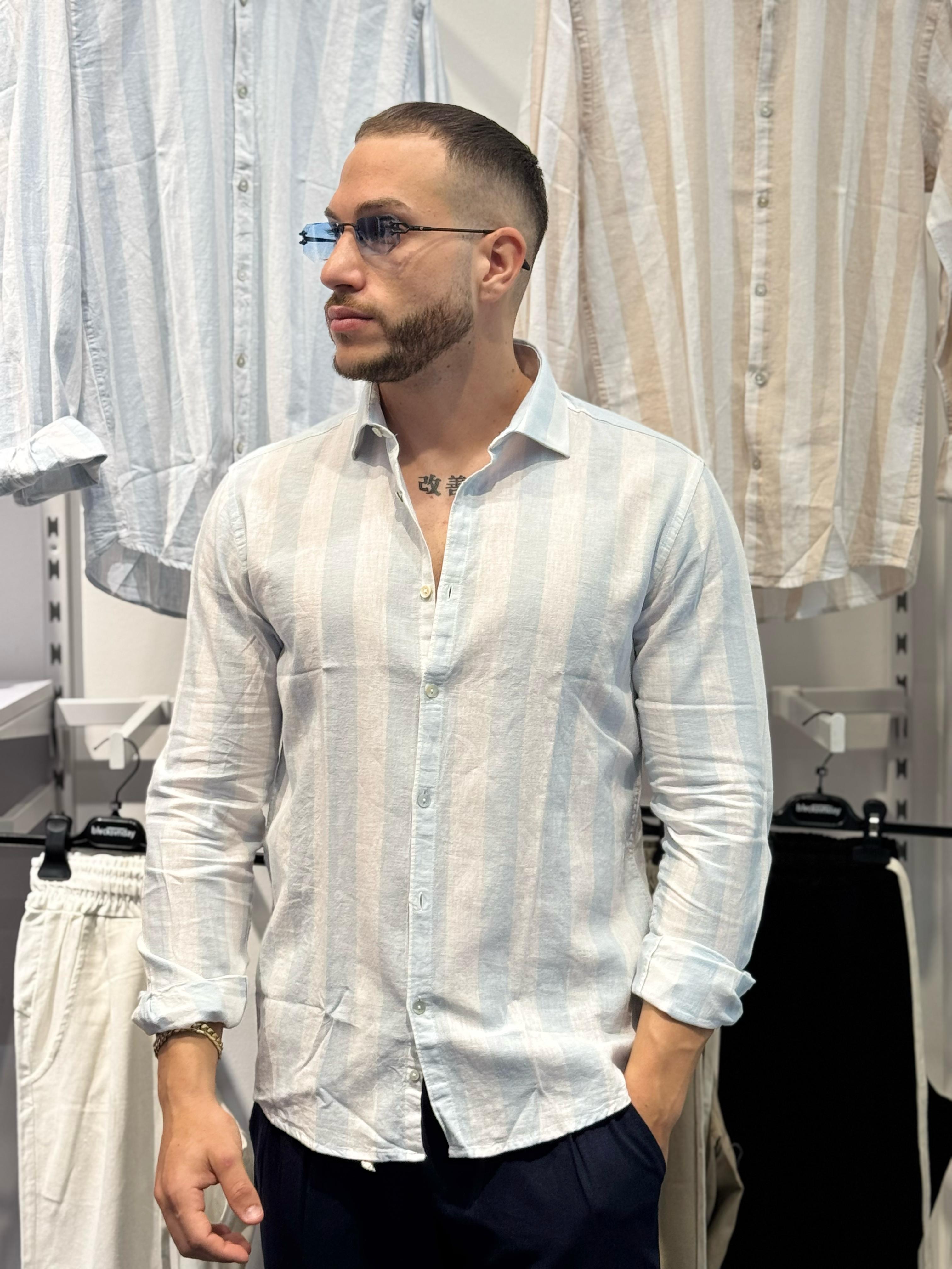 Camicia Con Colletto Francese Lino Rigata