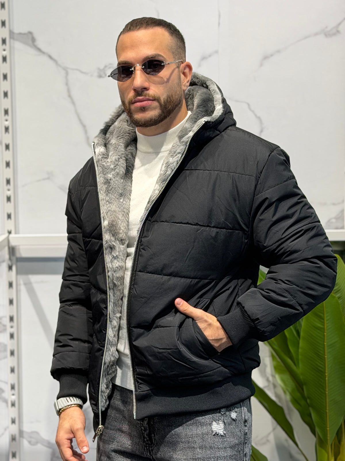 Pelliccia Reversibile Con Cappuccio