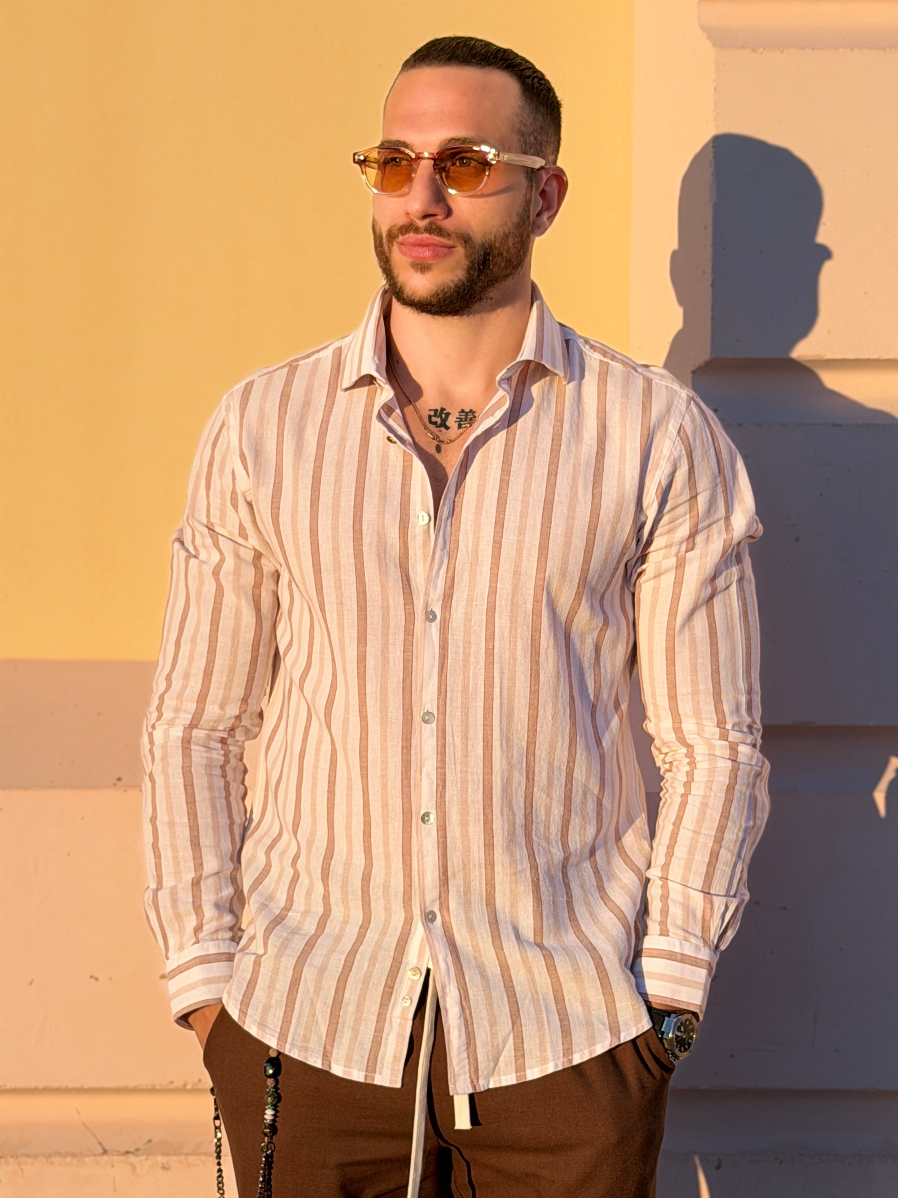 Camicia Con Colletto Lino Rigata