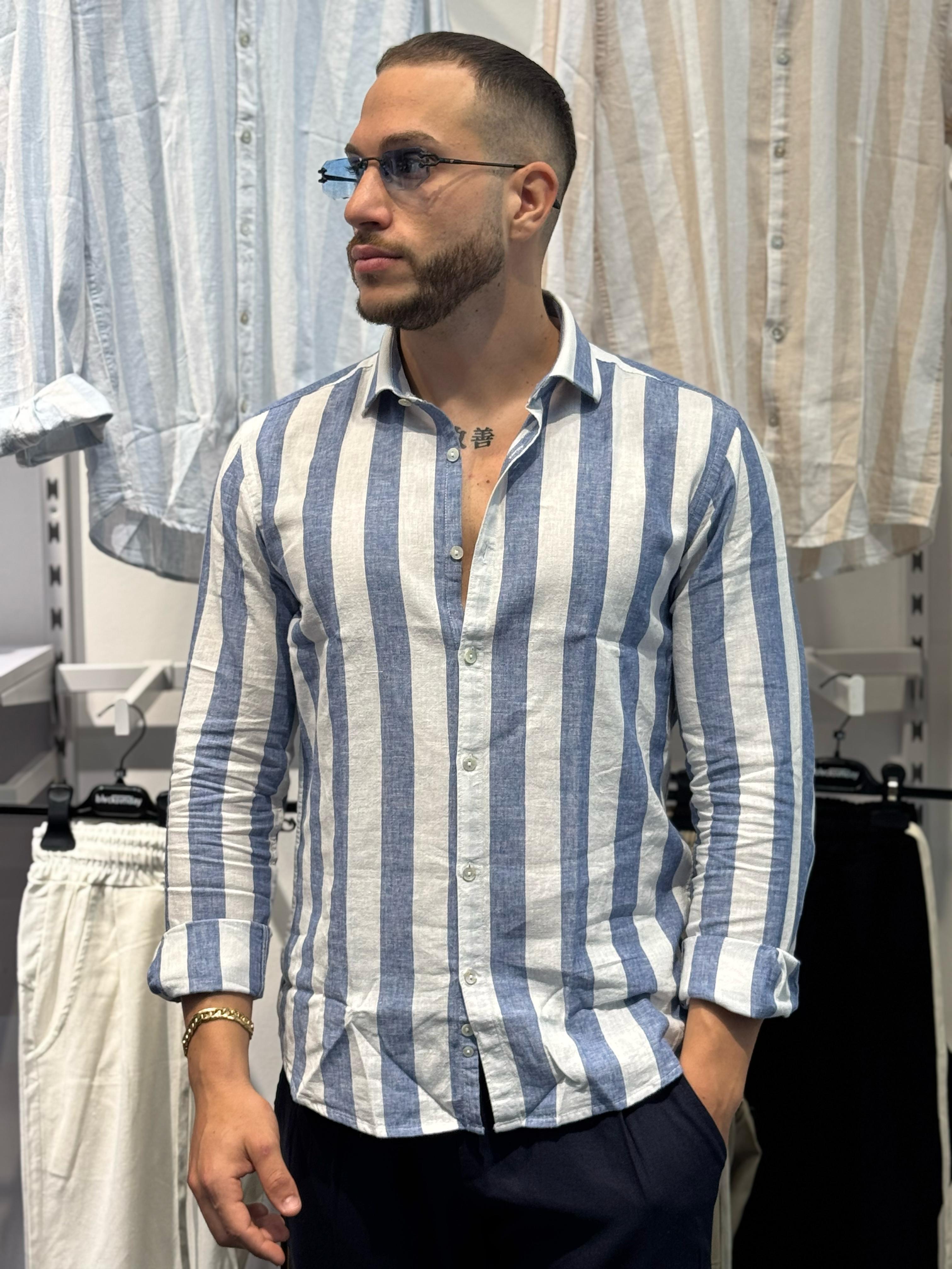 Camicia Con Colletto Francese Lino Rigata