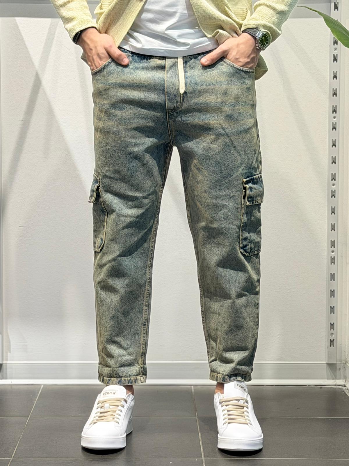 Jeans Cargo Sabbiato con Elastico in vita