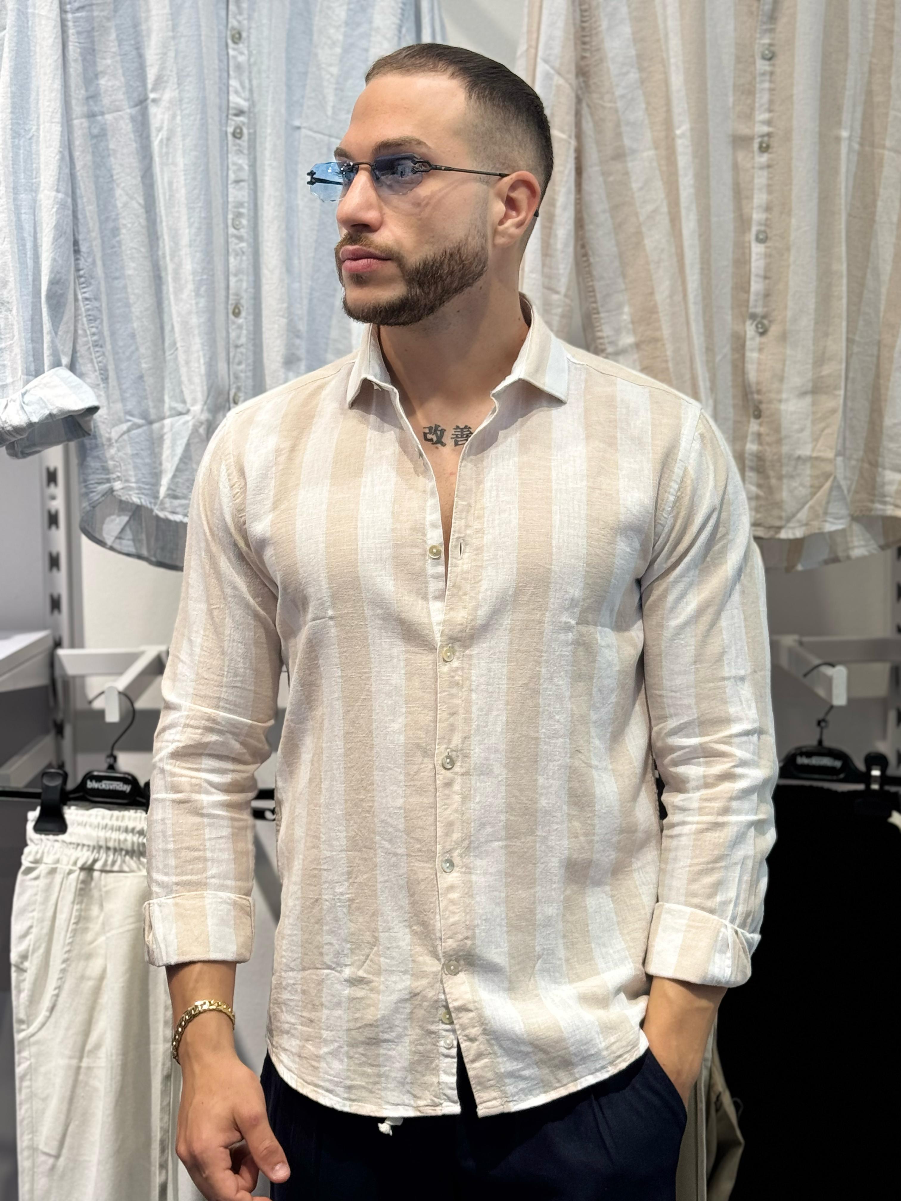Camicia Con Colletto Francese Lino Rigata